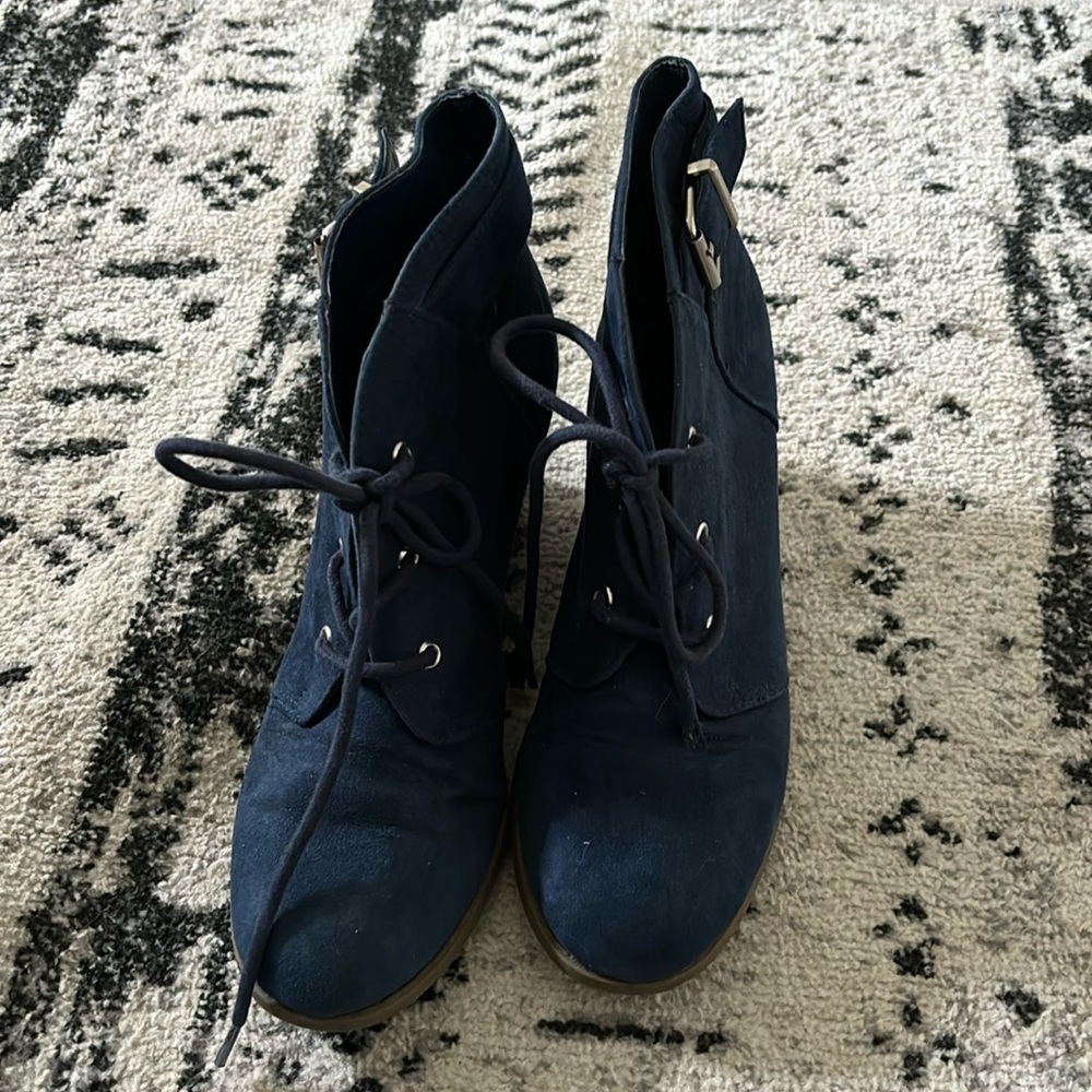 Blue wedge heeled ankle boots